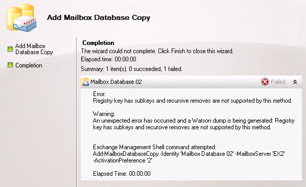 Exchange 2010 Error: Registry key has subkeys and recursive removes are not supported by this method.