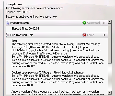 Error 1638 Removing or Reinstalling Exchange 2010 Server Role