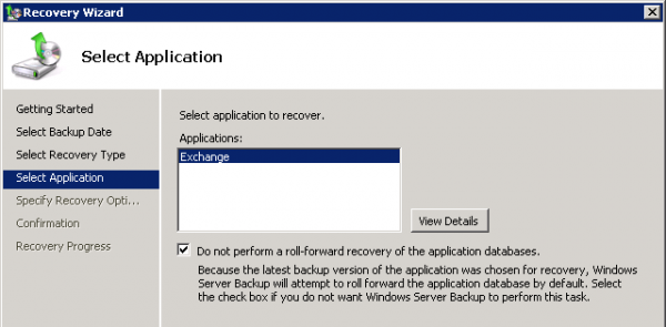 Select Exchange as the application to recover