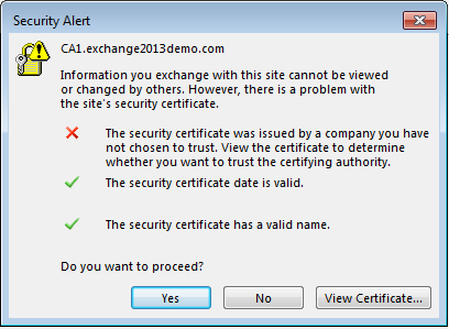 Outlook 2013 SSL Trust Errors When Connecting to Exchange Server