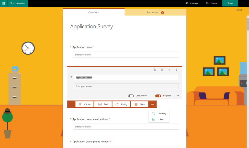 Creating Surveys In Office 365 Microsoft Forms Vs Sharepoint - in the above screenshot you can see the first few questions of the survey i wrote using microsoft forms there are also options for adding a new question to