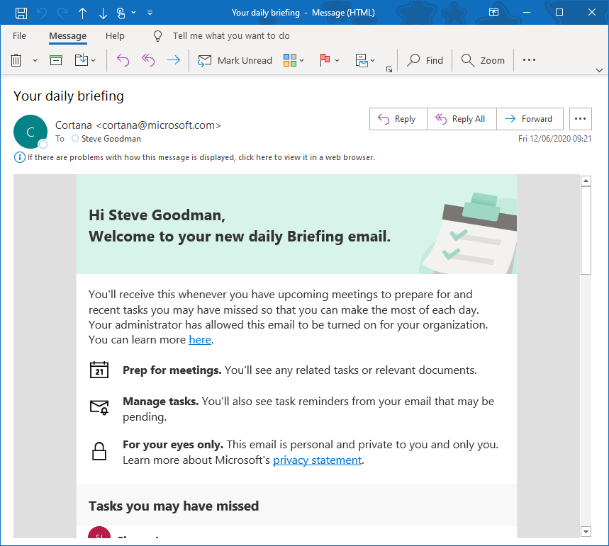 Microsoft introduces Cortana “Daily Briefing” emails