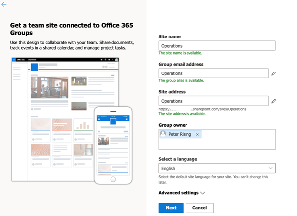 Get a team site connected to Office 365 groups