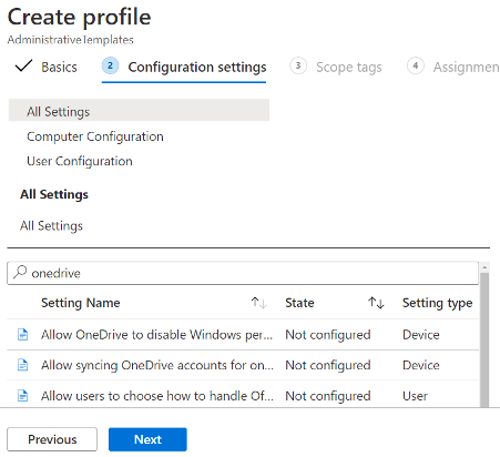 Create new Intune profile configuration profile settings